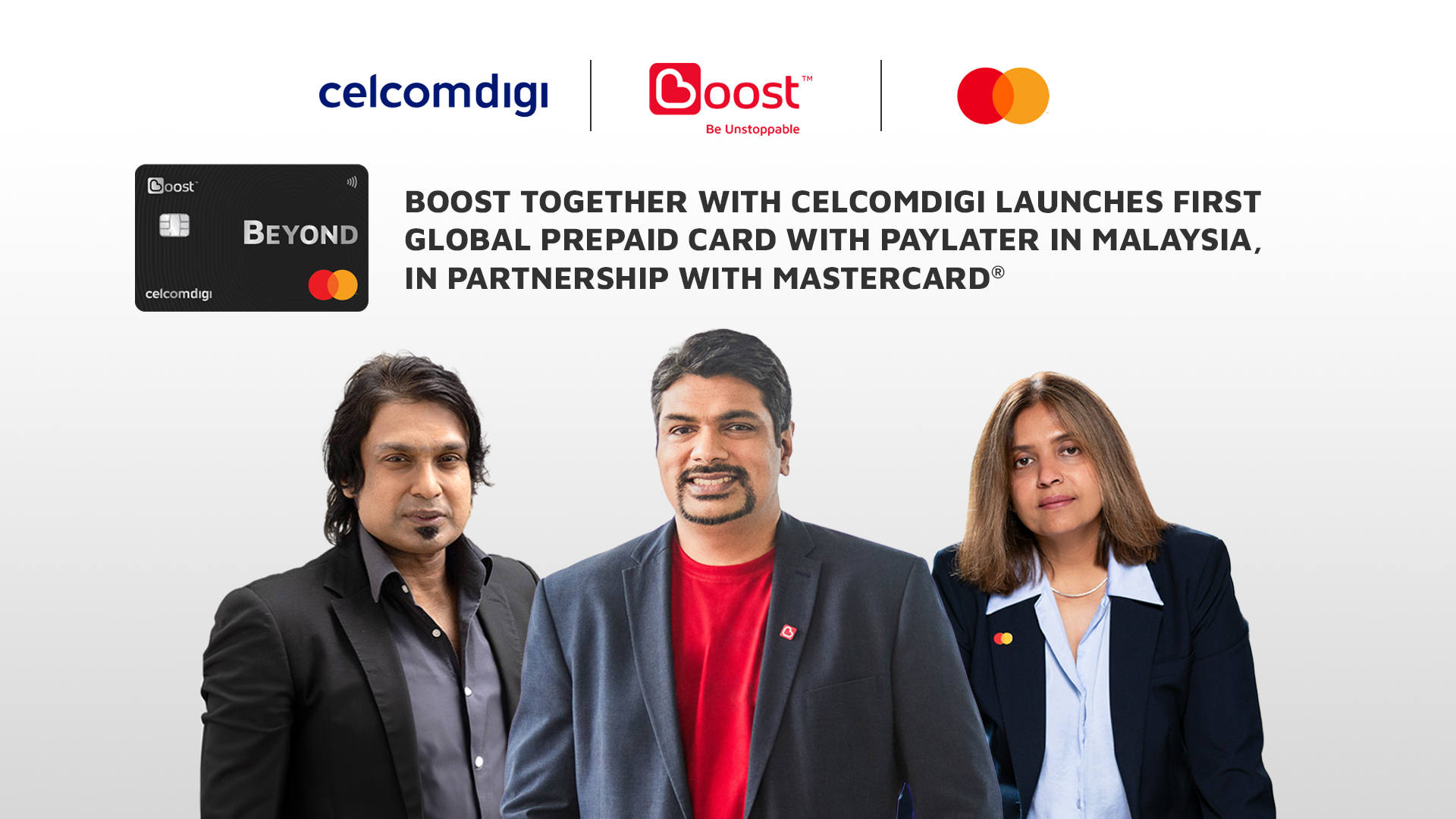 Left to Right: T Kugan, Chief Innovation Officer of CelcomDigi, Sheyantha Abeykoon, group CEO of Boost & Beena Pothen, country manager, Malaysia & Brunei, Mastercard